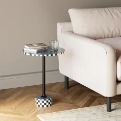 Stolik Pomocniczy Niebieski MDF I Stal Ø40x50 Cm Szachownica