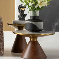 Stolik Pomocniczy Z Ceramicznym Blatem Podstawa Brązowa Ø50 Cm