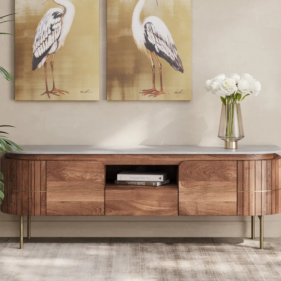 Szafka RTV Grace 145x48 Cm Drewno Mango - Blat Marmur