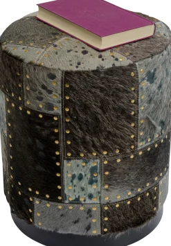 Taboret Okrągły Szaro-brązowy Skóra Naturalna Ø35x42 Cm